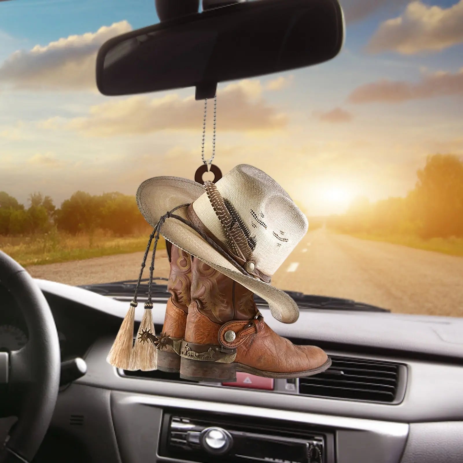 Cowboy Boots Hats Car Rear View Mirror Charm, Personalized Car Pendant